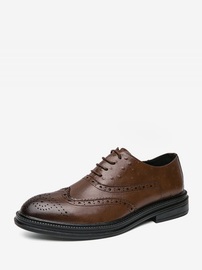 Sapatos Oxford Pretos Masculinos Com Bico Redondo E Noivo Cadarço - Café Marrom