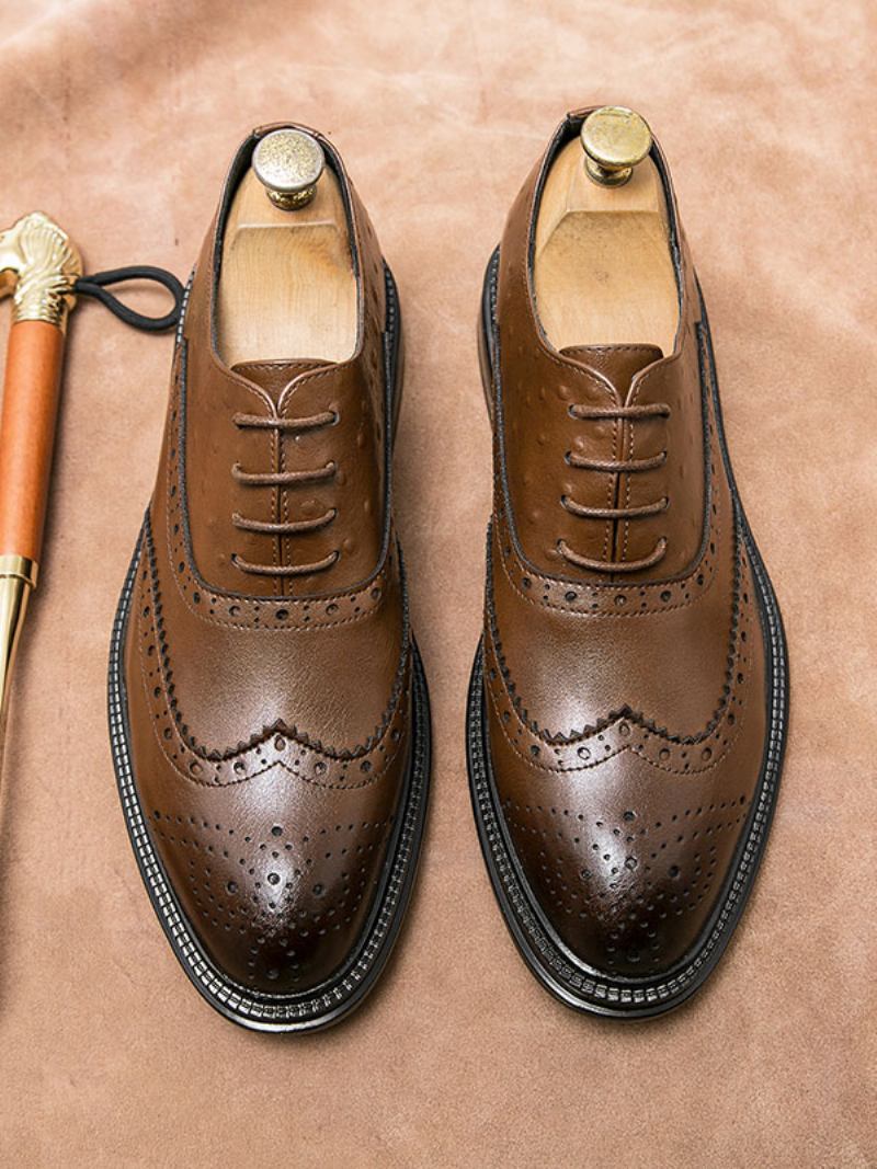 Sapatos Oxford Pretos Masculinos Com Bico Redondo E Noivo Cadarço - Café Marrom