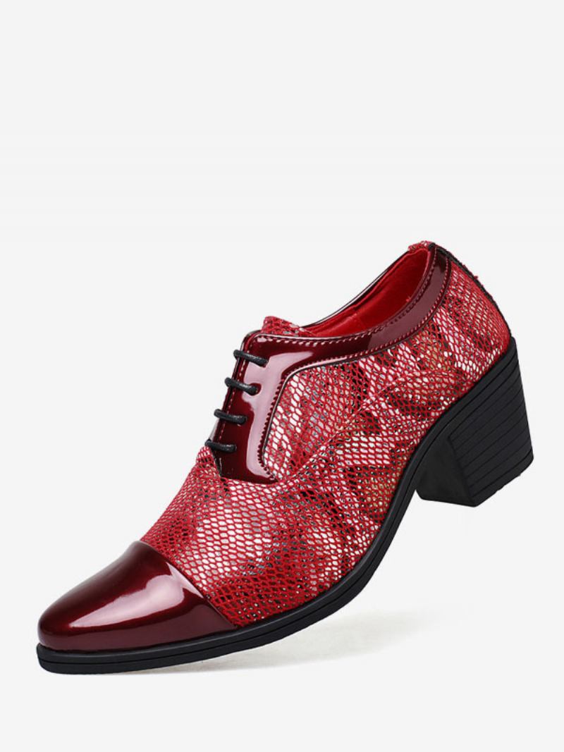 Sapatos Sociais Masculinos Fantásticos Bico Fino Com Cadarço Em Couro Pu Para Festa Formatura E Casamento - Vermelho