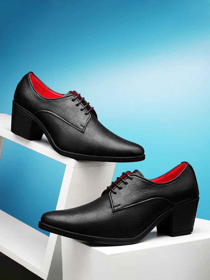 Sapatos Sociais Masculinos Moda Bico Fino Com Cadarço Couro Pu Baile Para Festa Casamento - Preto