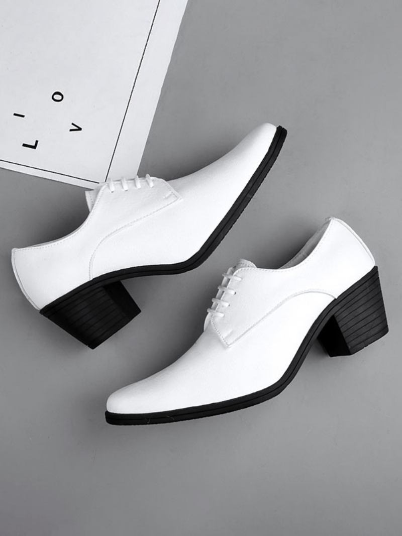 Sapatos Sociais Masculinos Moda Bico Fino Com Cadarço Couro Pu Baile Para Festa Casamento - Branco