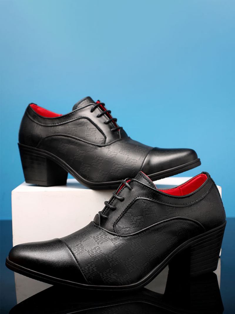 Sapatos Sociais Masculinos Moda Bico Fino Com Cadarço Couro Pu Baile Para Festa Casamento - Preto