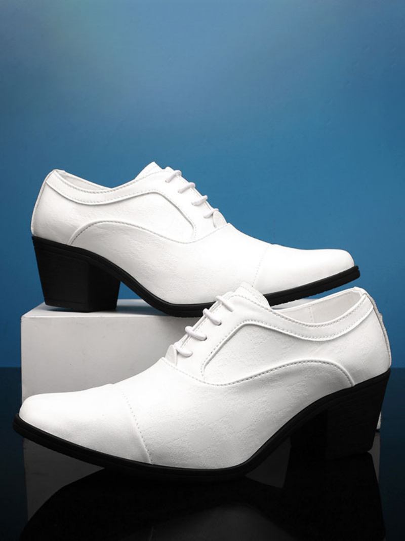 Sapatos Sociais Masculinos Moda Bico Fino Com Cadarço Couro Pu Baile Para Festa Casamento - Branco