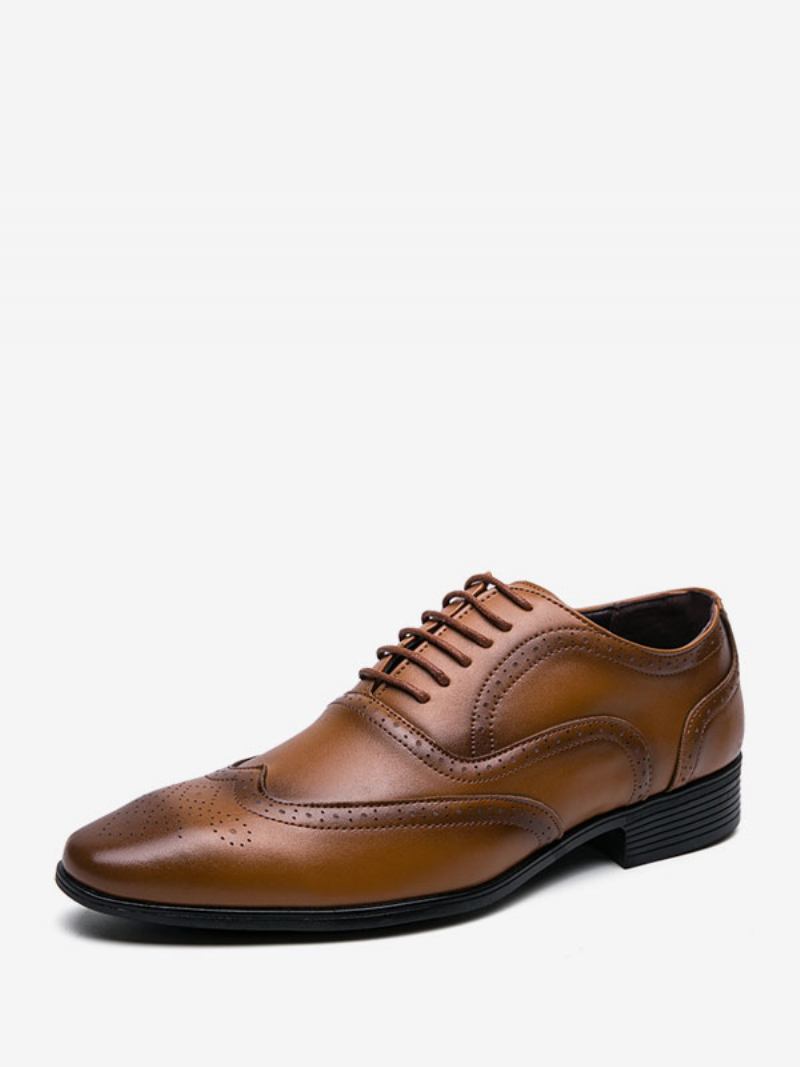 Sapatos Sociais Masculinos Modernos Bico Fino Com Cadarço Em Couro Pu Oxford - Amarelo