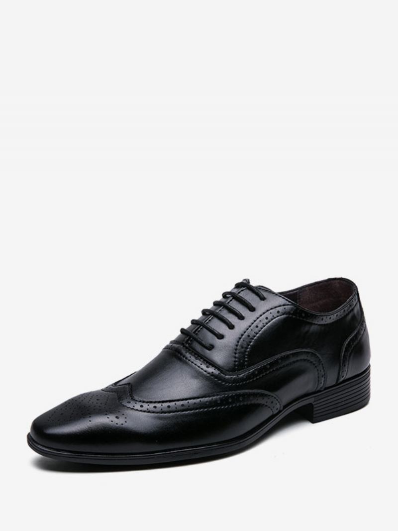 Sapatos Sociais Masculinos Modernos Bico Fino Com Cadarço Em Couro Pu Oxford - Preto