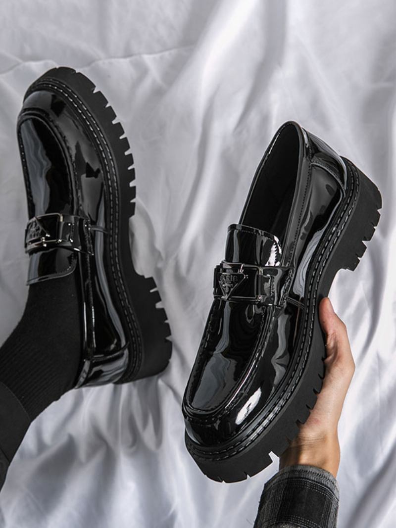 Sapatos Sociais Masculinos Modernos Com Alça Redonda Ajustável Em Couro Pu - Preto Prateado