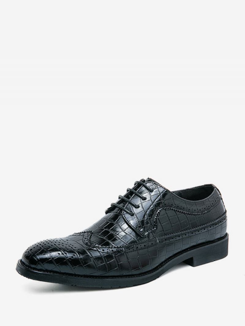 Sapatos Sociais Para Homens Elegantes Bico Redondo Com Cadarço Em Couro Pu Noivo - Preto