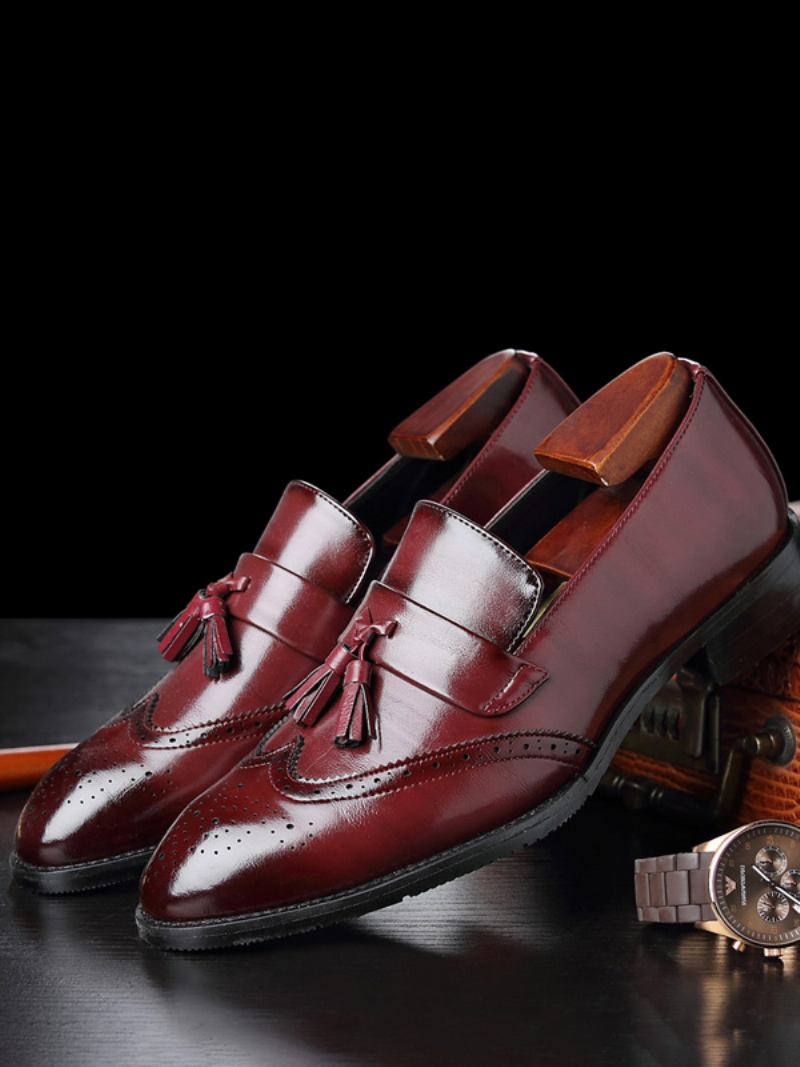 Sapatos Sociais Para Homens Moda Bico Fino Mocassins Couro Pu Baile Casamento - Vermelho