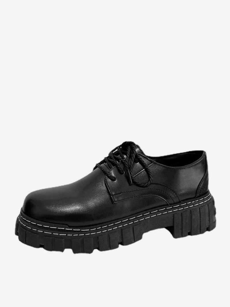 Sapatos Sociais Para Homens Moda Bico Redondo Com Cadarço Em Couro Pu - Preto