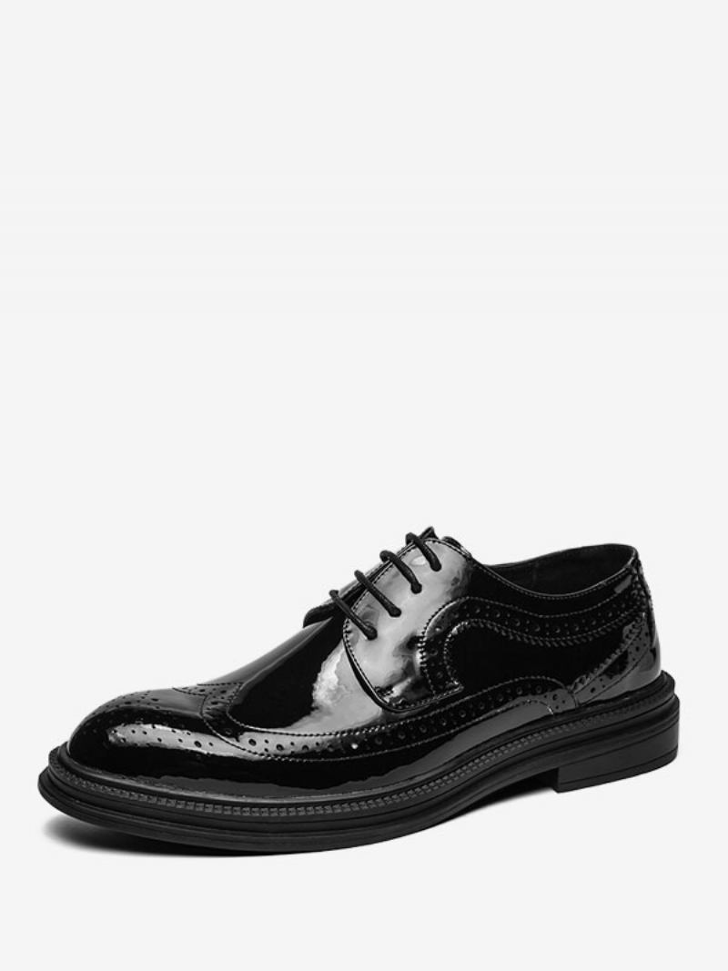 Sapatos Sociais Para Homens Moda Bico Redondo Com Cadarço Em Couro Pu - Preto