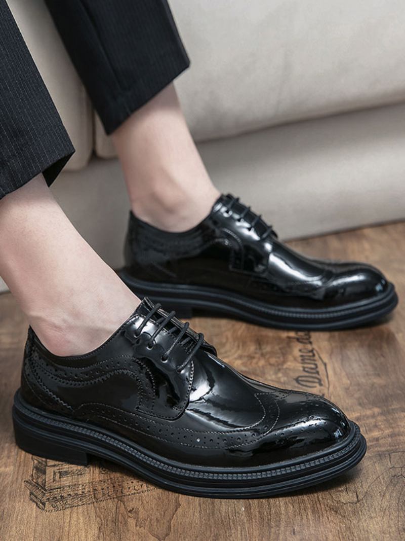 Sapatos Sociais Para Homens Moda Bico Redondo Com Cadarço Em Couro Pu - Preto