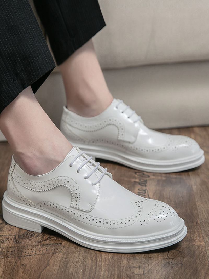 Sapatos Sociais Para Homens Moda Bico Redondo Com Cadarço Em Couro Pu - Branco