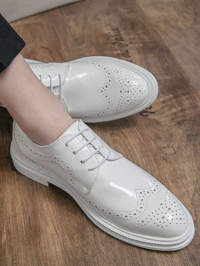 Sapatos Sociais Para Homens Moda Bico Redondo Com Cadarço Em Couro Pu - Branco