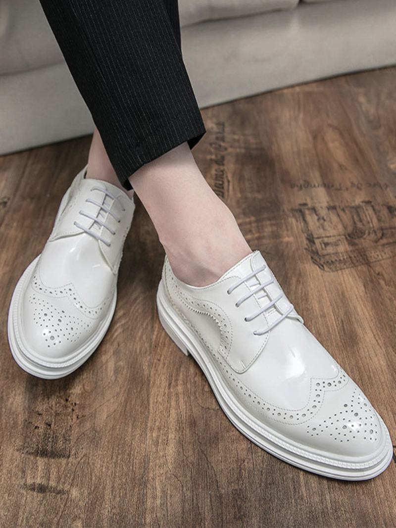 Sapatos Sociais Para Homens Moda Bico Redondo Com Cadarço Em Couro Pu - Branco