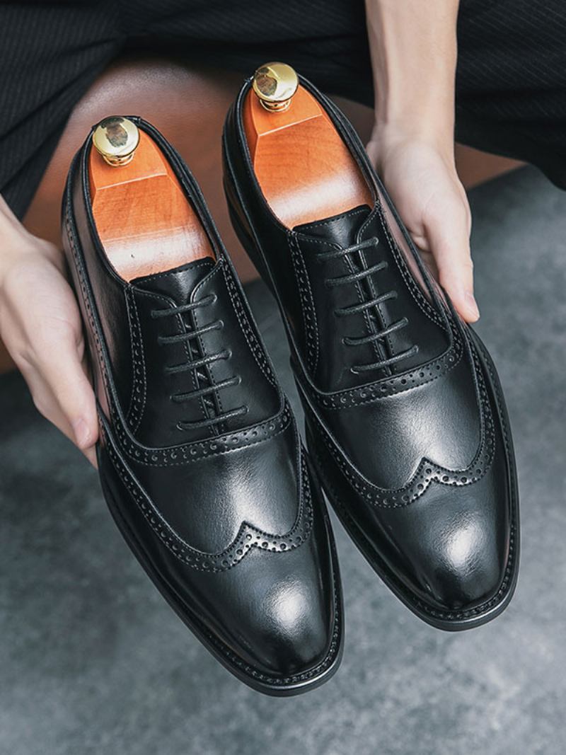 Sapatos Sociais Para Homens Moda Redonda Alça Dedo Do Pé Ajustável Couro Pu Oxford Noivo - Preto