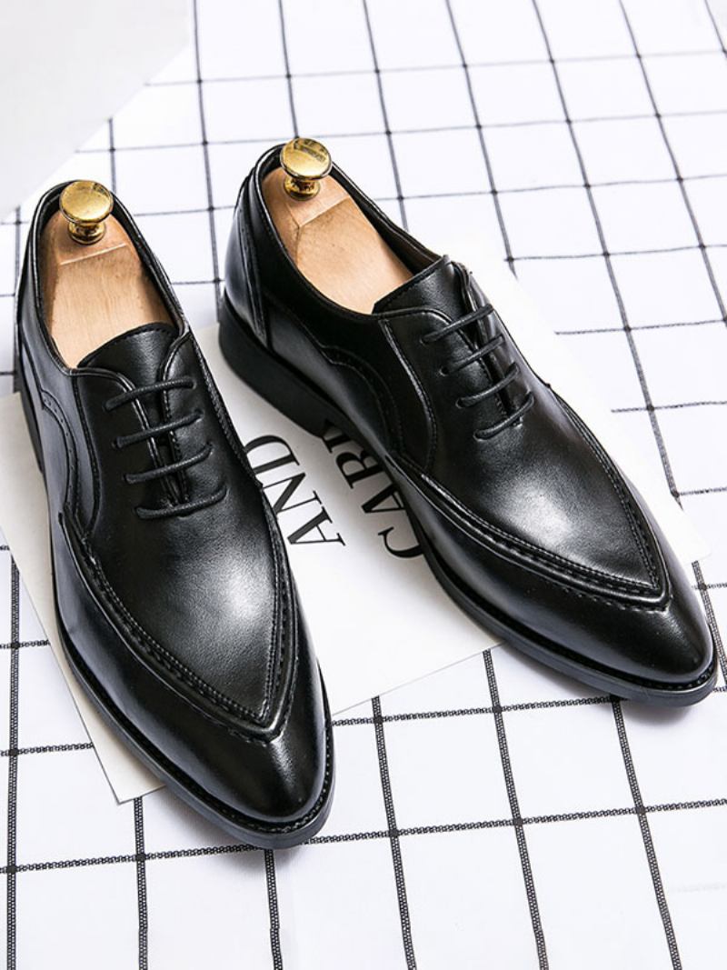 Sapatos Sociais Para Homens Modernos Bico Fino Com Cadarço Em Couro Pu - Preto