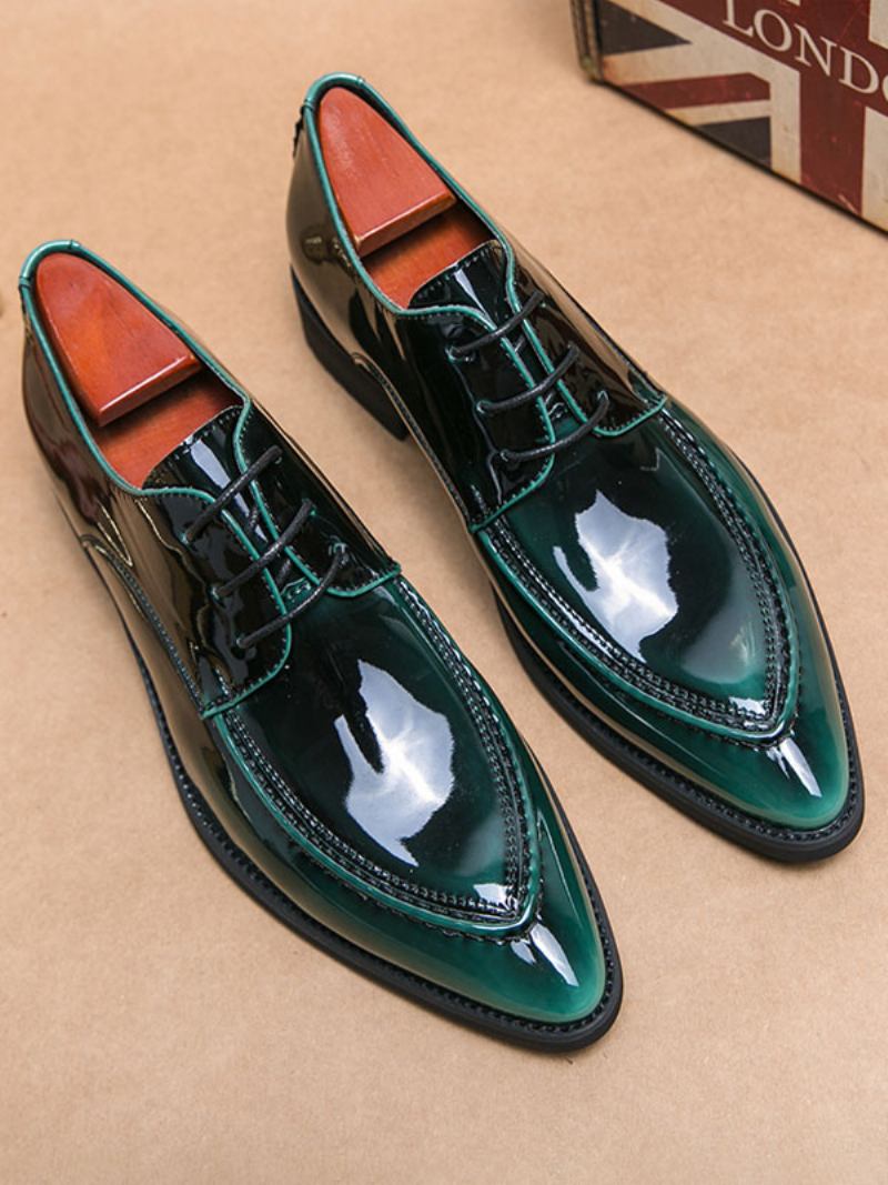 Sapatos Sociais Para Homens Qualidade Bico Fino Com Cadarço Em Couro Pu - Verde