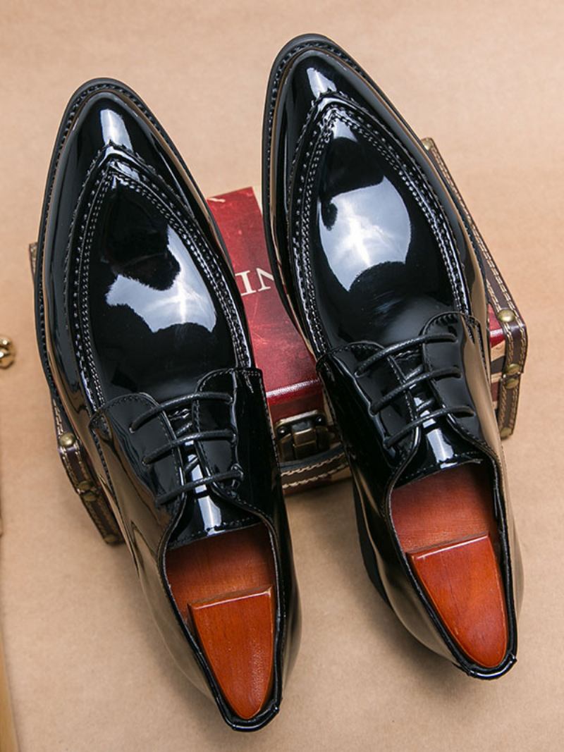 Sapatos Sociais Para Homens Qualidade Bico Fino Com Cadarço Em Couro Pu - Preto