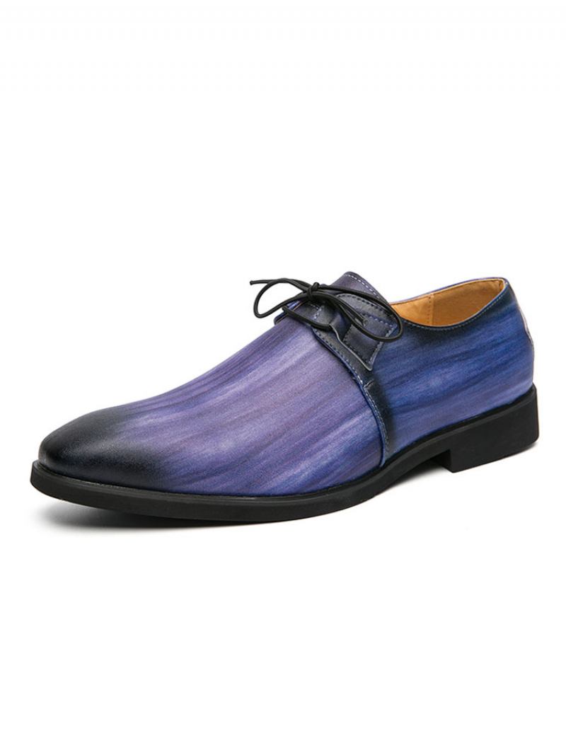 Sapatos Sociais Para Homens Qualidade Bico Fino Com Cadarço Em Couro Pu Casuais - Azul