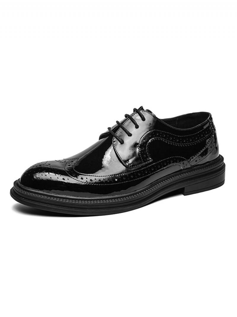 Vestido Casamento Derby Sapatos Formais Para Homens Alça Dedo Redondo Ajustável Rendas Até Brancos Couro Pu - Preto