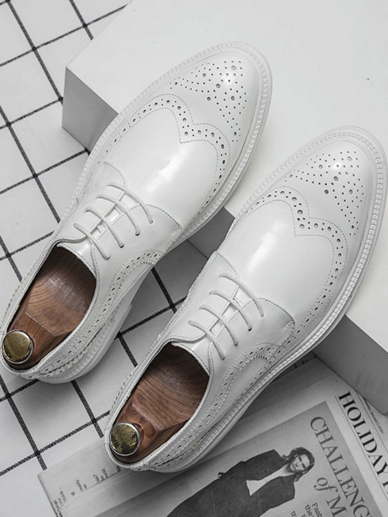 Vestido Casamento Derby Sapatos Formais Para Homens Alça Dedo Redondo Ajustável Rendas Até Brancos Couro Pu - Branco