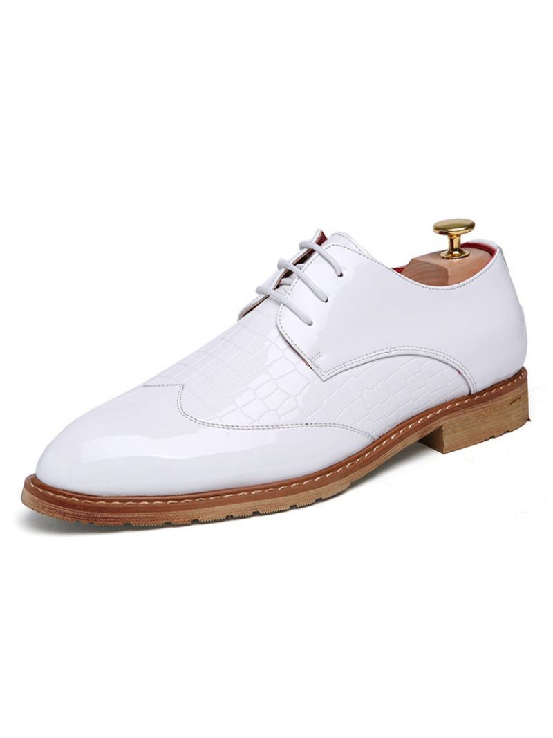 Vestido Casamento Derby Sapatos Formais Para Homens Alça Dedo Redondo Ajustável Rendas Até Terno Preto Couro Pu - Branco