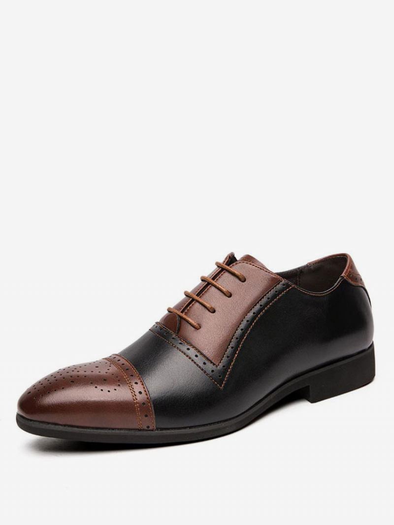 Vestido Casamento Masculino Oxford Sapatos Formais Alça Redonda Bloco Cor Ajustável Couro Branco - Café Marrom