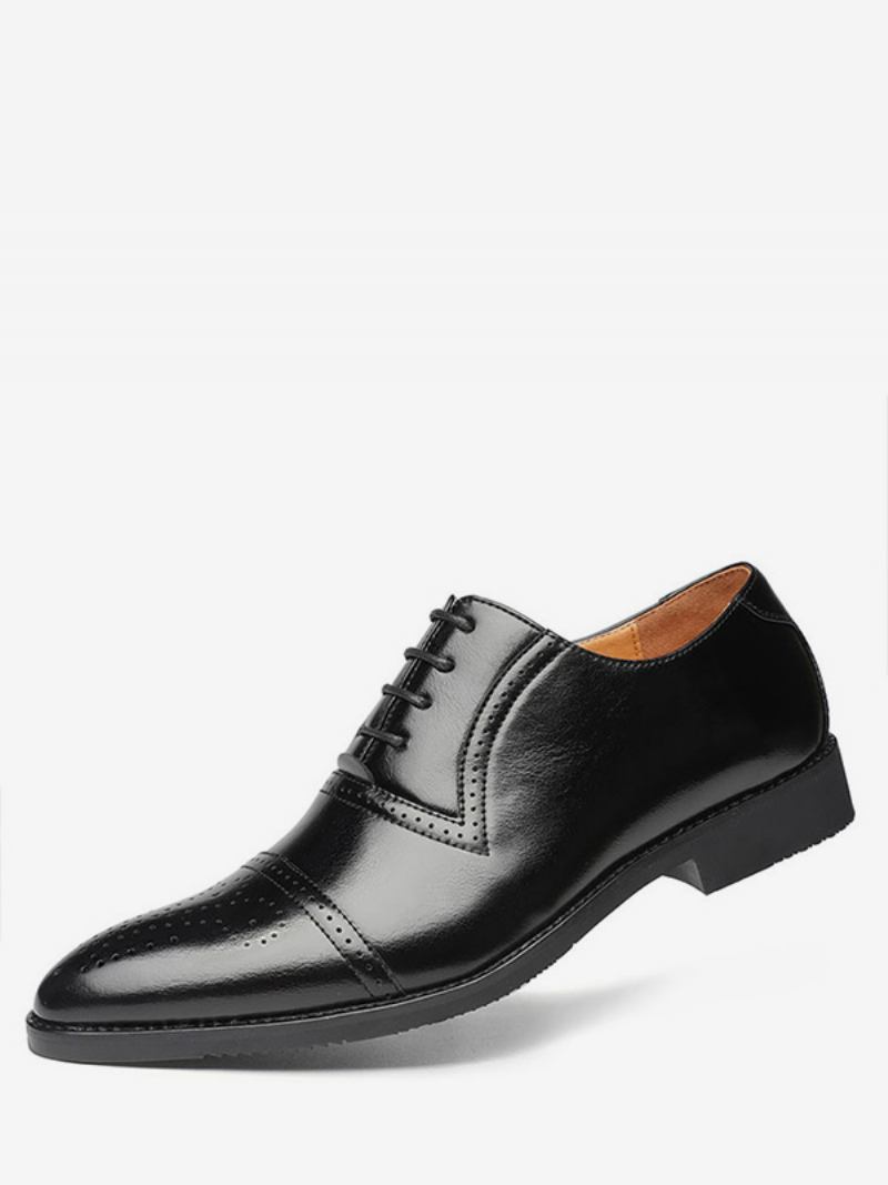 Vestido Casamento Oxfords Masculino Com Bico Fino Brogue Sapatos Formais Brancos - Preto