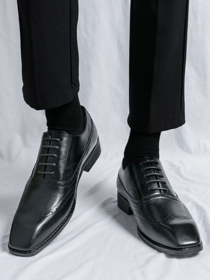 Vestido Masculino Com Bico Quadrado E Alça Ajustável Em Couro Pu Oxford Sapatos Casamento Para Baile - Preto