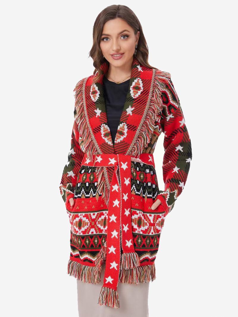 Cardigã Feminino Jacquard Vermelho Geométrico Borla Guarnição Com Cinto Mistura Lã Boho Suéter