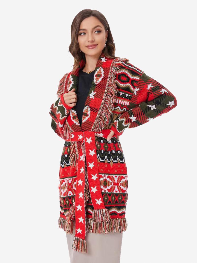 Cardigã Feminino Jacquard Vermelho Geométrico Borla Guarnição Com Cinto Mistura Lã Boho Suéter - Vermelho