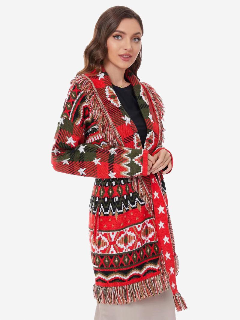 Cardigã Feminino Jacquard Vermelho Geométrico Borla Guarnição Com Cinto Mistura Lã Boho Suéter - Vermelho