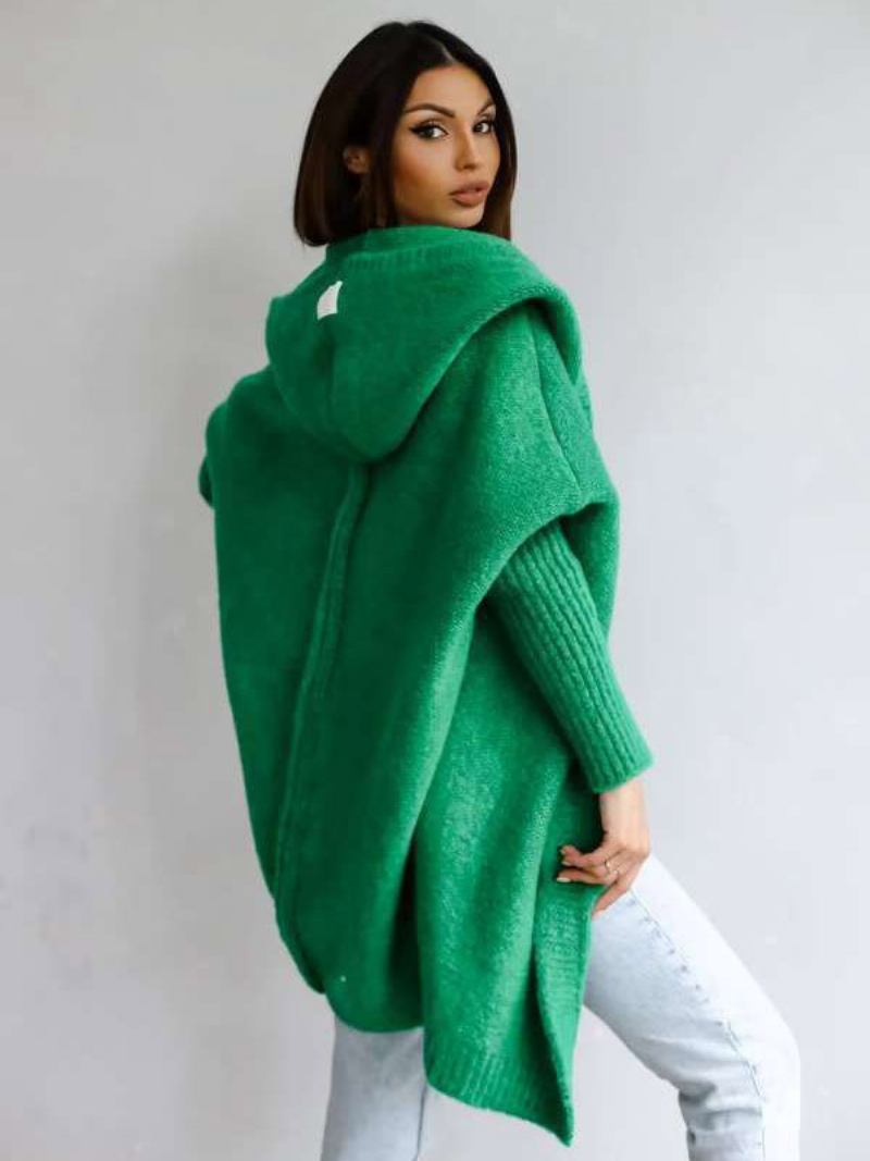 Cardigan Feminino Manga Morcego Com Capuz Frente Aberta Suéteres Cor Sólida - Verde Grama