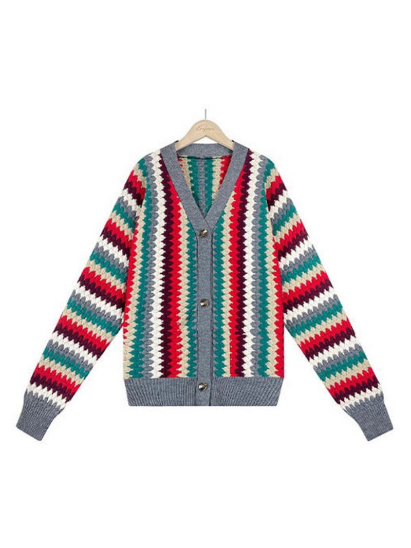 Cardigan Malha Cores Do Arco-íris Mangas Compridas Botão Casual Ajuste Relaxado Primavera Outono Curto Outerwear Para Mulher - Cinza