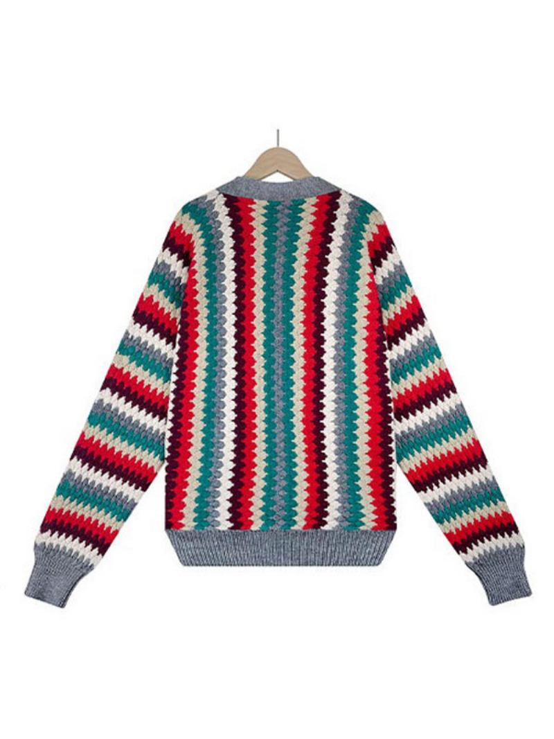 Cardigan Malha Cores Do Arco-íris Mangas Compridas Botão Casual Ajuste Relaxado Primavera Outono Curto Outerwear Para Mulher - Cinza