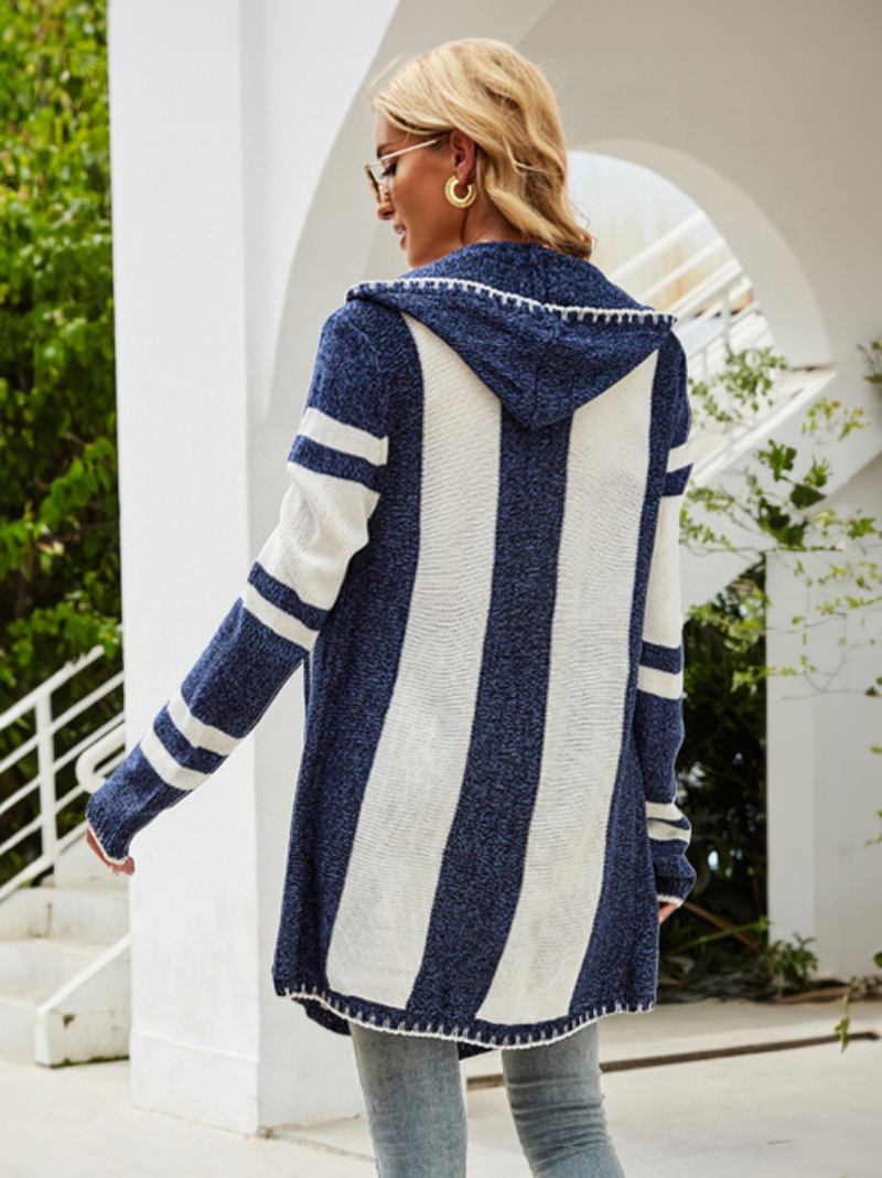 Cardigan Malha Escuro Marinho Com Capuz Mangas Compridas Padrão Listrado Frente Aberta Casual Ajuste Relaxado Primavera Outono Outerwear Para Mulher - Marinho Escuro