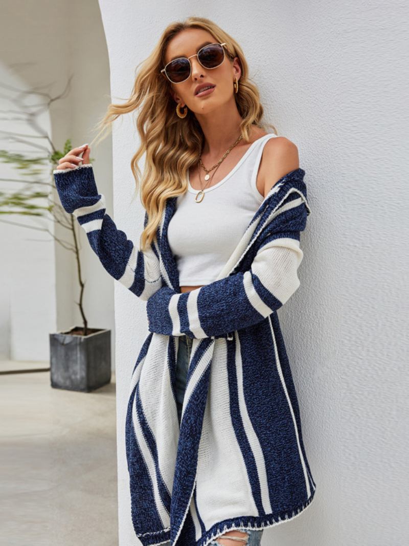 Cardigan Malha Escuro Marinho Com Capuz Mangas Compridas Padrão Listrado Frente Aberta Casual Ajuste Relaxado Primavera Outono Outerwear Para Mulher - Marinho Escuro