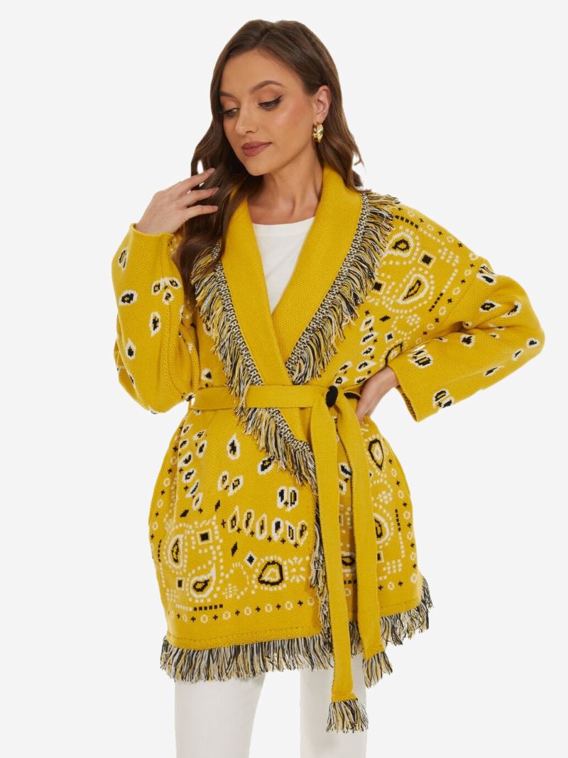 Cardigans Jacquard Femininos Inspirados Em Paisley Borla Guarnição Com Cinto Mistura Lã Boho Suéter - Amarelo