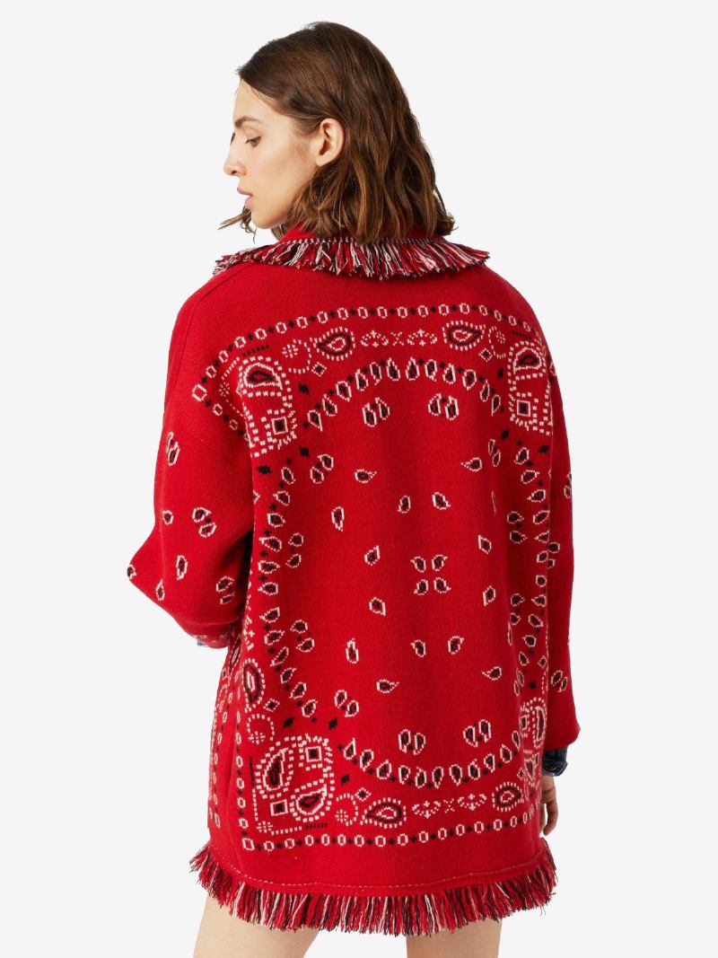 Cardigans Jacquard Femininos Inspirados Em Paisley Borla Guarnição Com Cinto Mistura Lã Boho Suéter - Vermelho