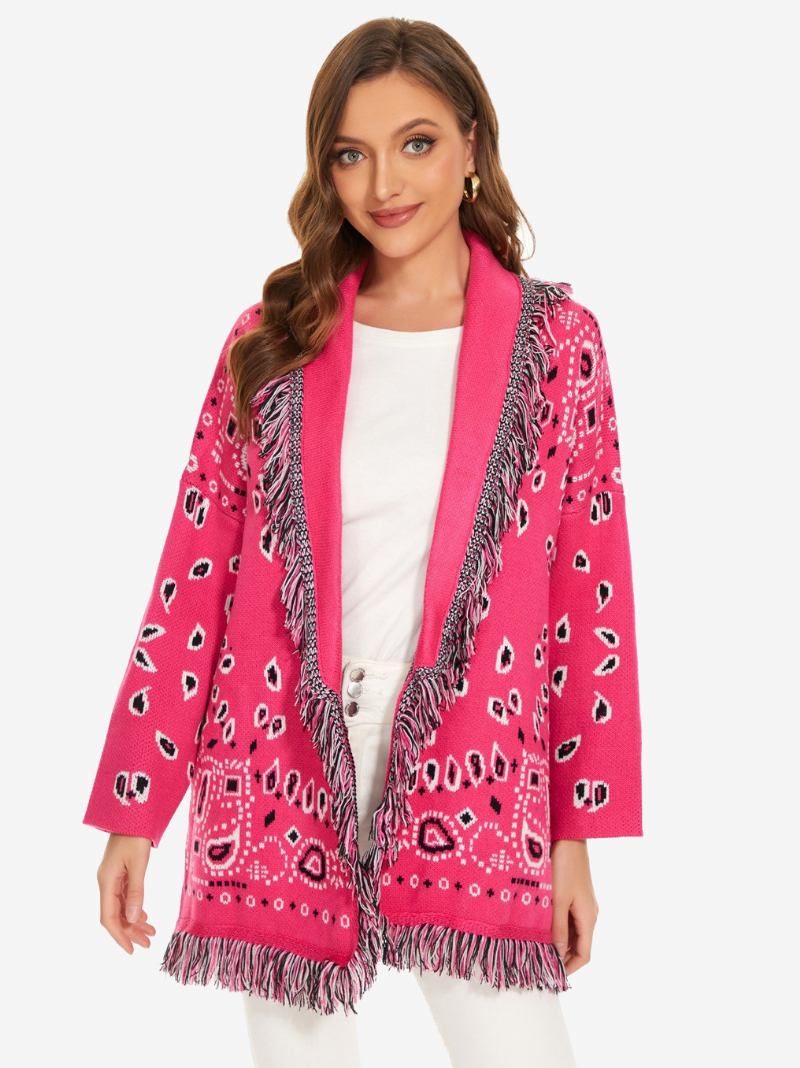 Cardigans Jacquard Femininos Inspirados Em Paisley Borla Guarnição Com Cinto Mistura Lã Boho Suéter - Rosa