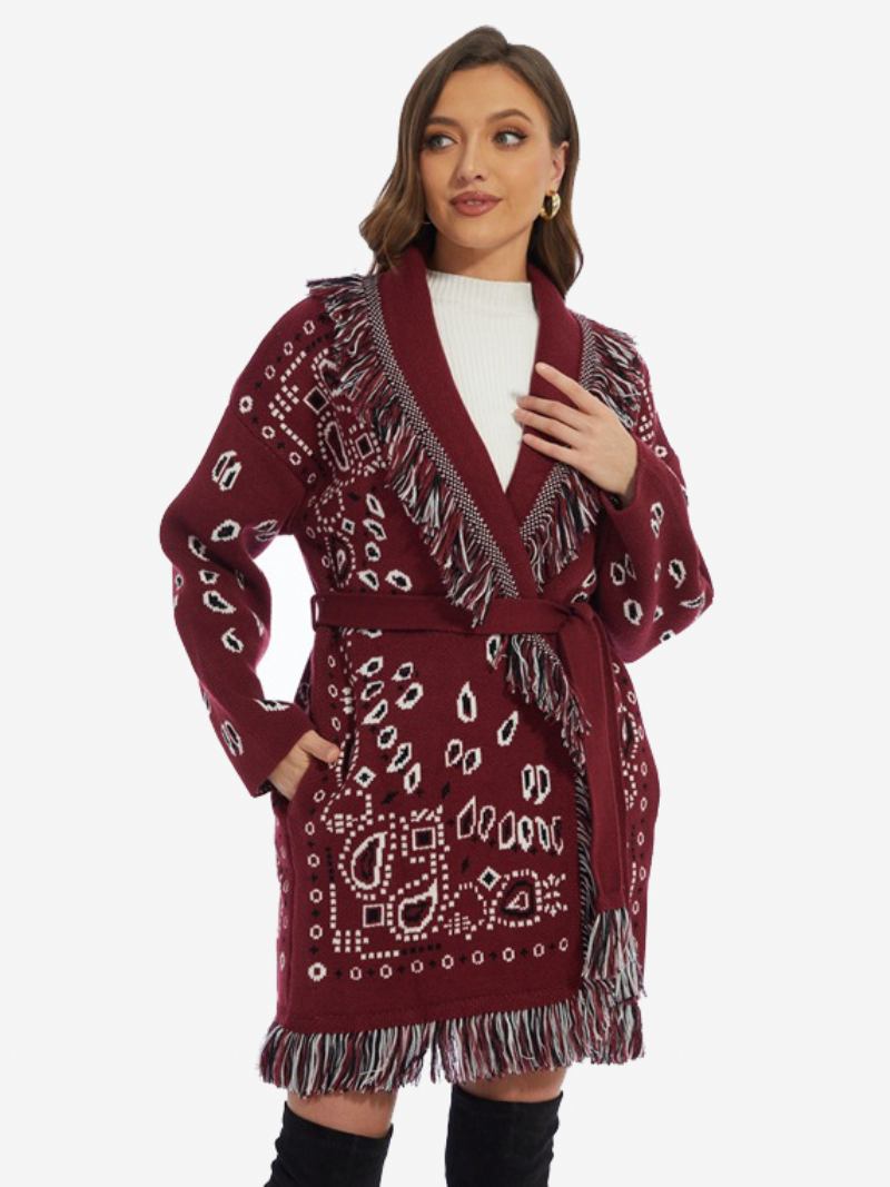 Cardigans Jacquard Femininos Inspirados Em Paisley Borla Guarnição Com Cinto Mistura Lã Boho Suéter - Borgonha