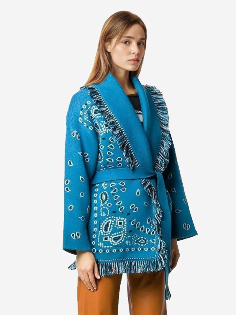 Cardigans Jacquard Femininos Inspirados Em Paisley Borla Guarnição Com Cinto Mistura Lã Boho Suéter - Teal