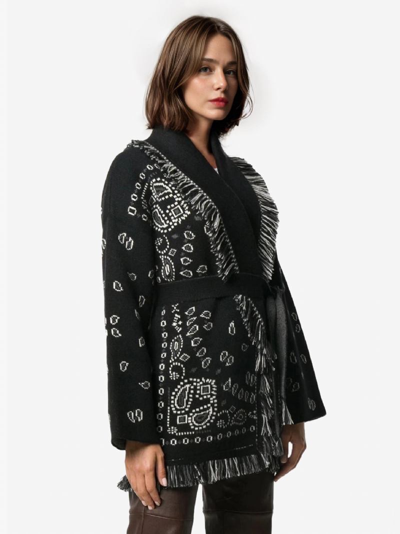 Cardigans Jacquard Femininos Inspirados Em Paisley Borla Guarnição Com Cinto Mistura Lã Boho Suéter - Preto