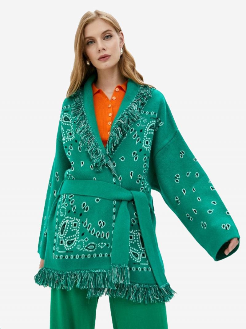 Cardigans Jacquard Femininos Inspirados Em Paisley Borla Guarnição Com Cinto Mistura Lã Boho Suéter - Verde Escuro