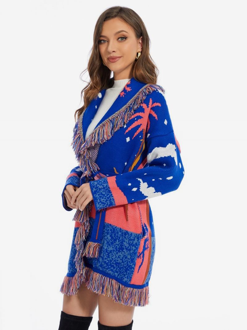 Cardigãs Femininos Jacquard Nuvens Borla Guarnição Com Cinto Mistura Lã Boho Suéter - Azul