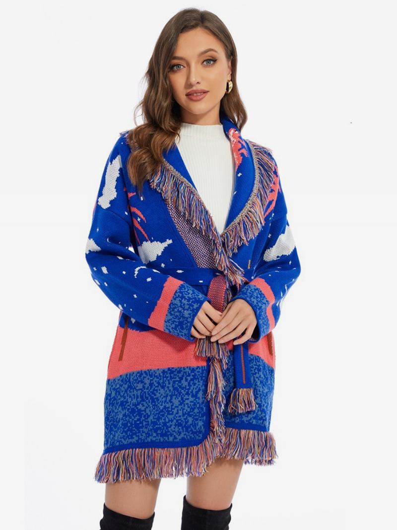 Cardigãs Femininos Jacquard Nuvens Borla Guarnição Com Cinto Mistura Lã Boho Suéter - Azul