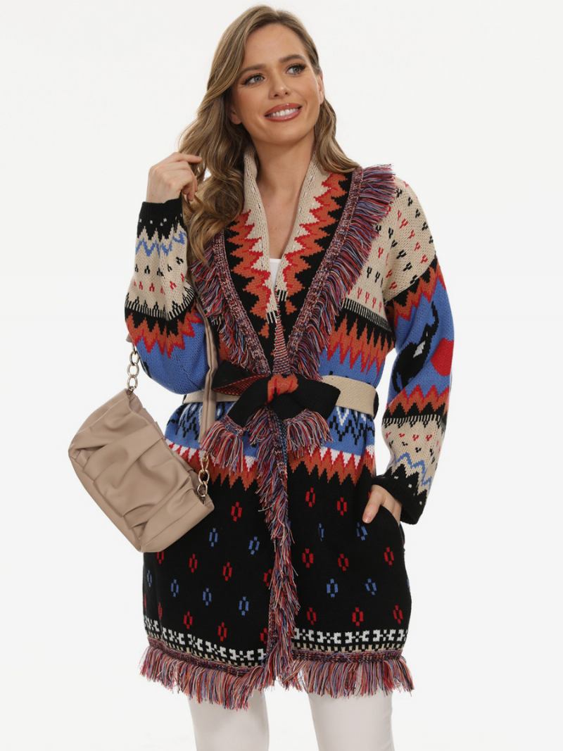 Cardigãs Jacquard Femininos Com Borla E Cinto Animal Geométrico Boho Suéter - Preto