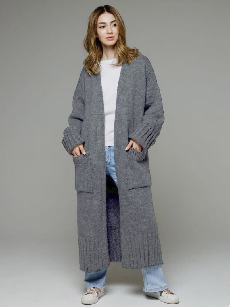 Longline Cardigan Mangas Compridas Ombro Caído Com Nervuras Suéter Feminino