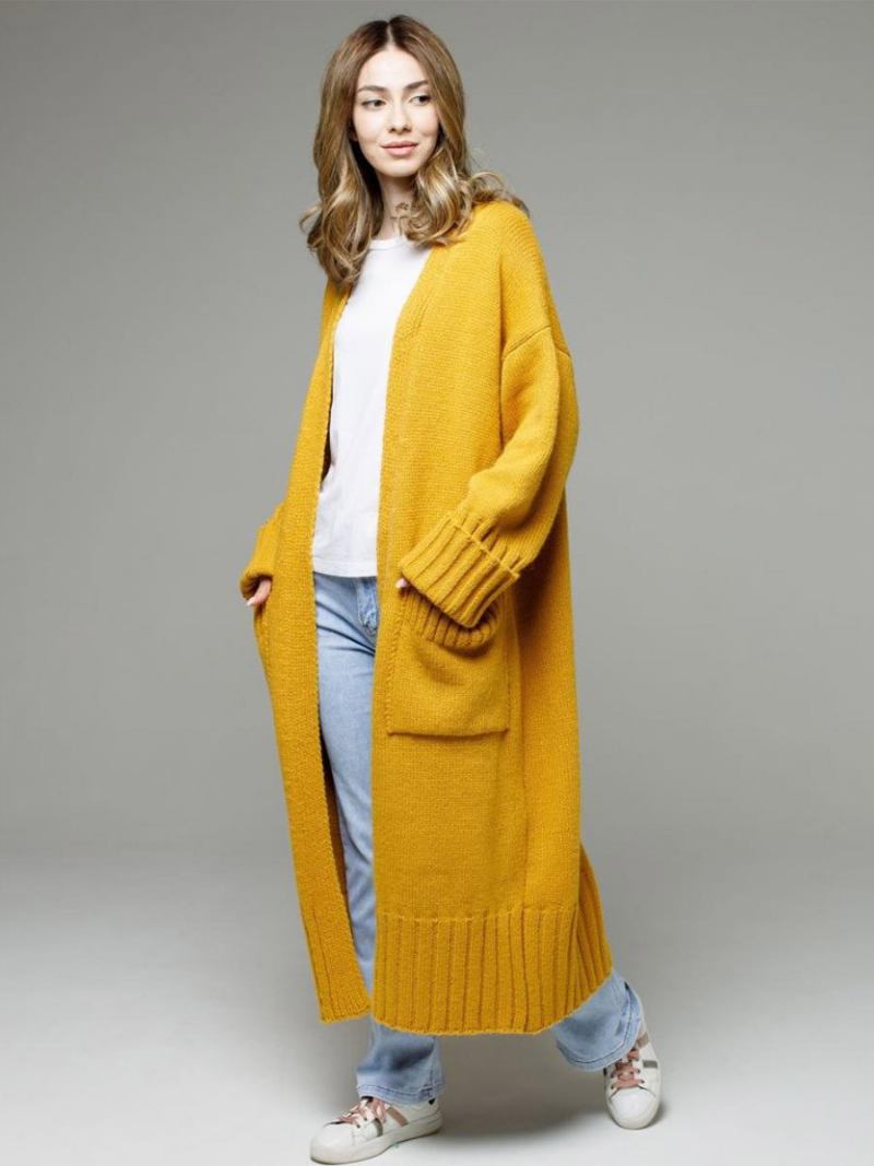 Longline Cardigan Mangas Compridas Ombro Caído Com Nervuras Suéter Feminino - Amarelo