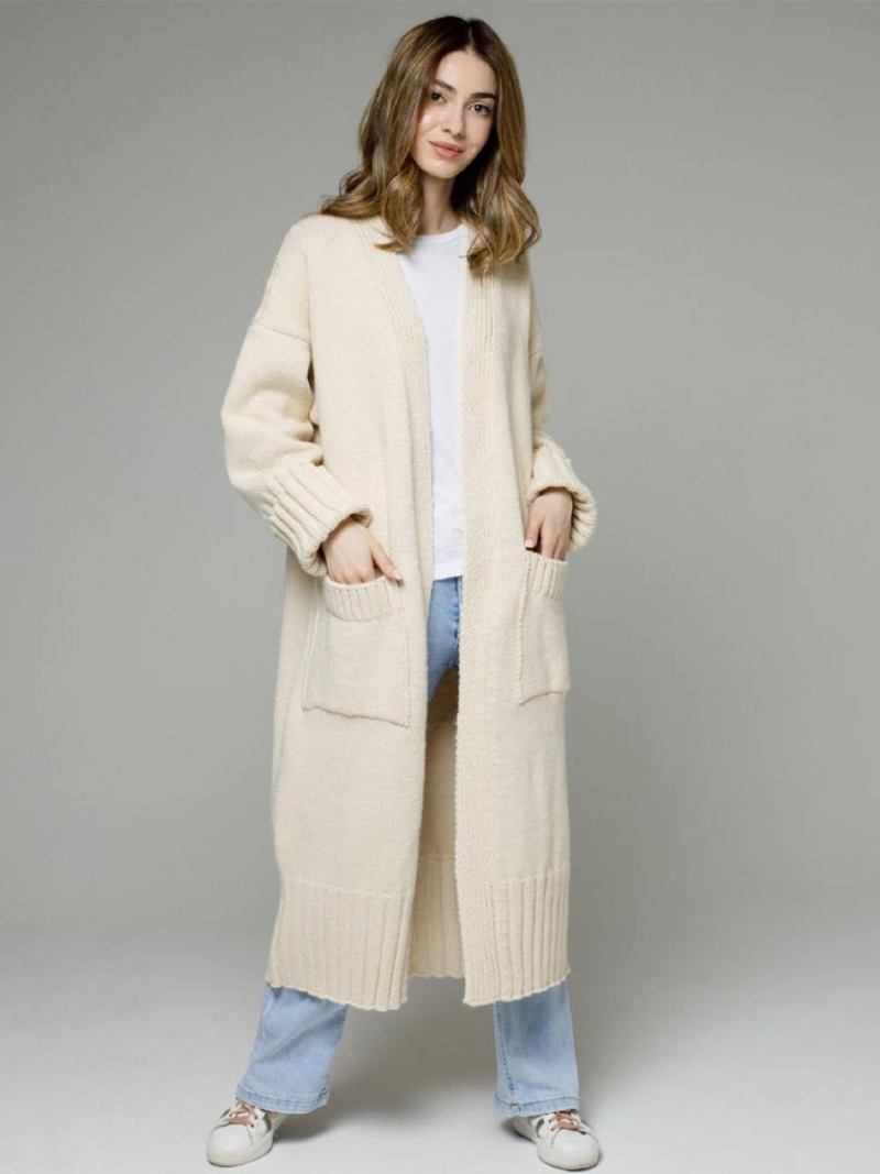 Longline Cardigan Mangas Compridas Ombro Caído Com Nervuras Suéter Feminino - Bege